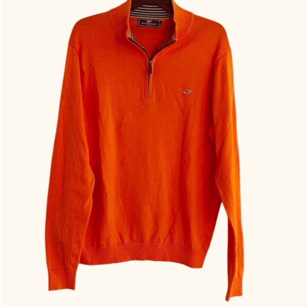 Vineyard Vines Men’s Orange Coral 100% Cotton Quarter Zip Sweater Size Large